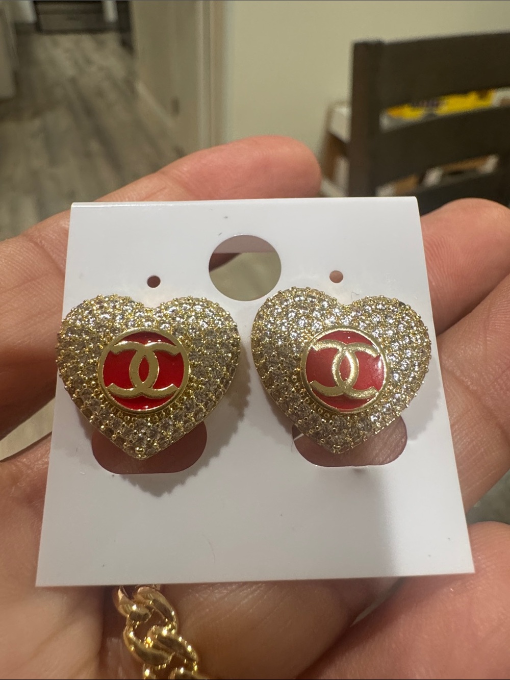Fashion Jewelry Gold-Tone Heart Stud Earrings with Red Center